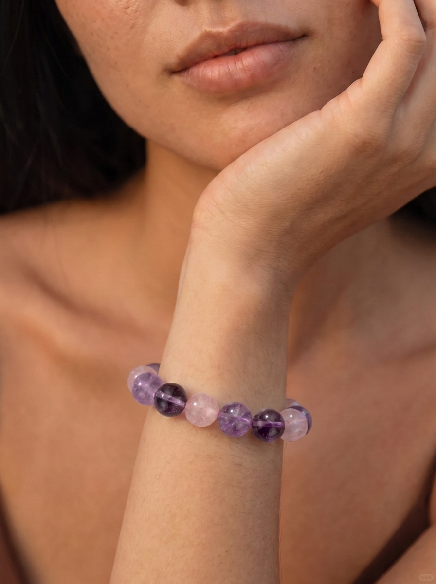 Fire Violet Heart Crystal Bracelet with Amethyst, Rose Quartz & Lavender Amethyst