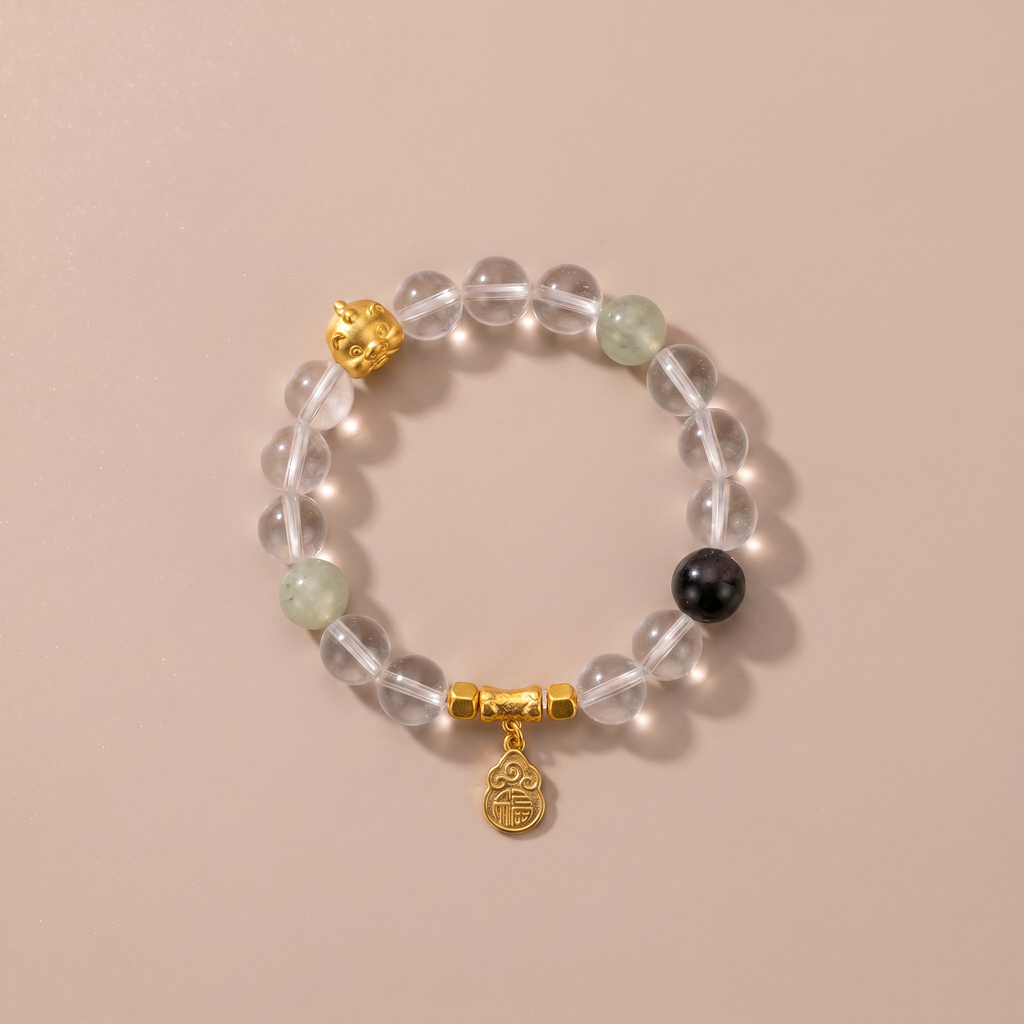 Zodiac Rooster Golden Feather Bracelet with Clear Quartz, Silver Obsidian & Green Crystal