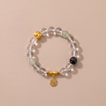Zodiac Rooster Golden Feather Bracelet with Clear Quartz, Silver Obsidian & Green Crystal