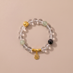 Zodiac Rooster Golden Feather Bracelet with Clear Quartz, Silver Obsidian & Green Crystal
