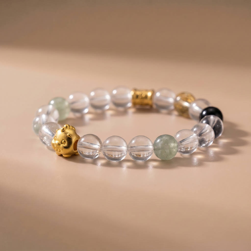 Zodiac Rooster Golden Feather Bracelet with Clear Quartz, Silver Obsidian & Green Crystal