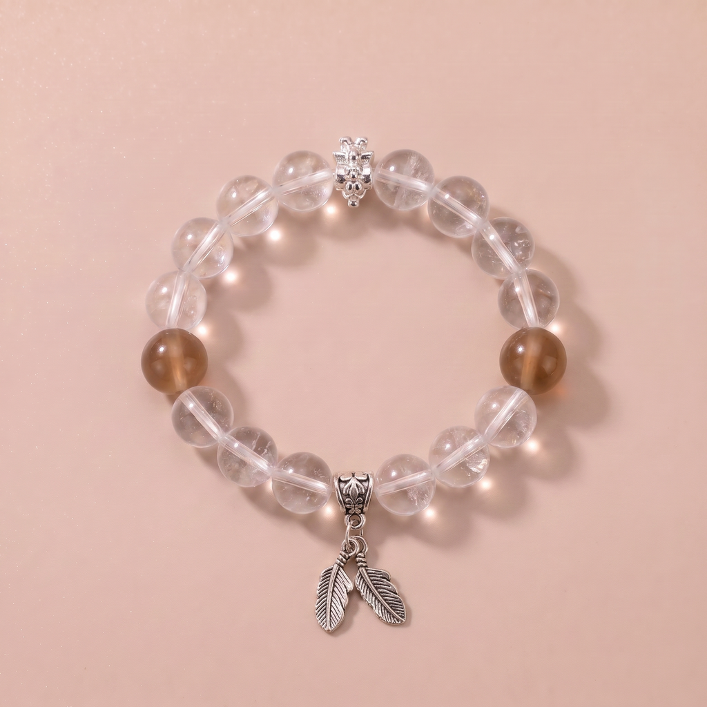 Zodiac Rooster Frost Feather Bracelet with White Feather Quartz & Moonstone