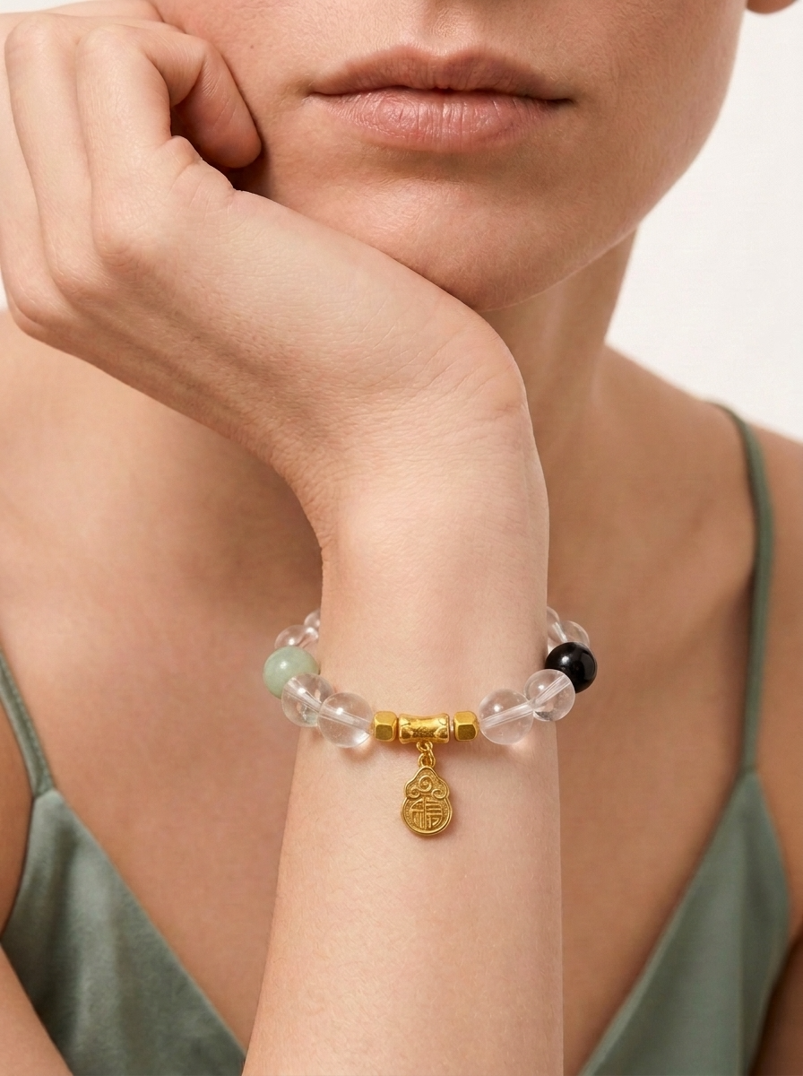 Zodiac Rooster Golden Feather Bracelet with Clear Quartz, Silver Obsidian & Green Crystal