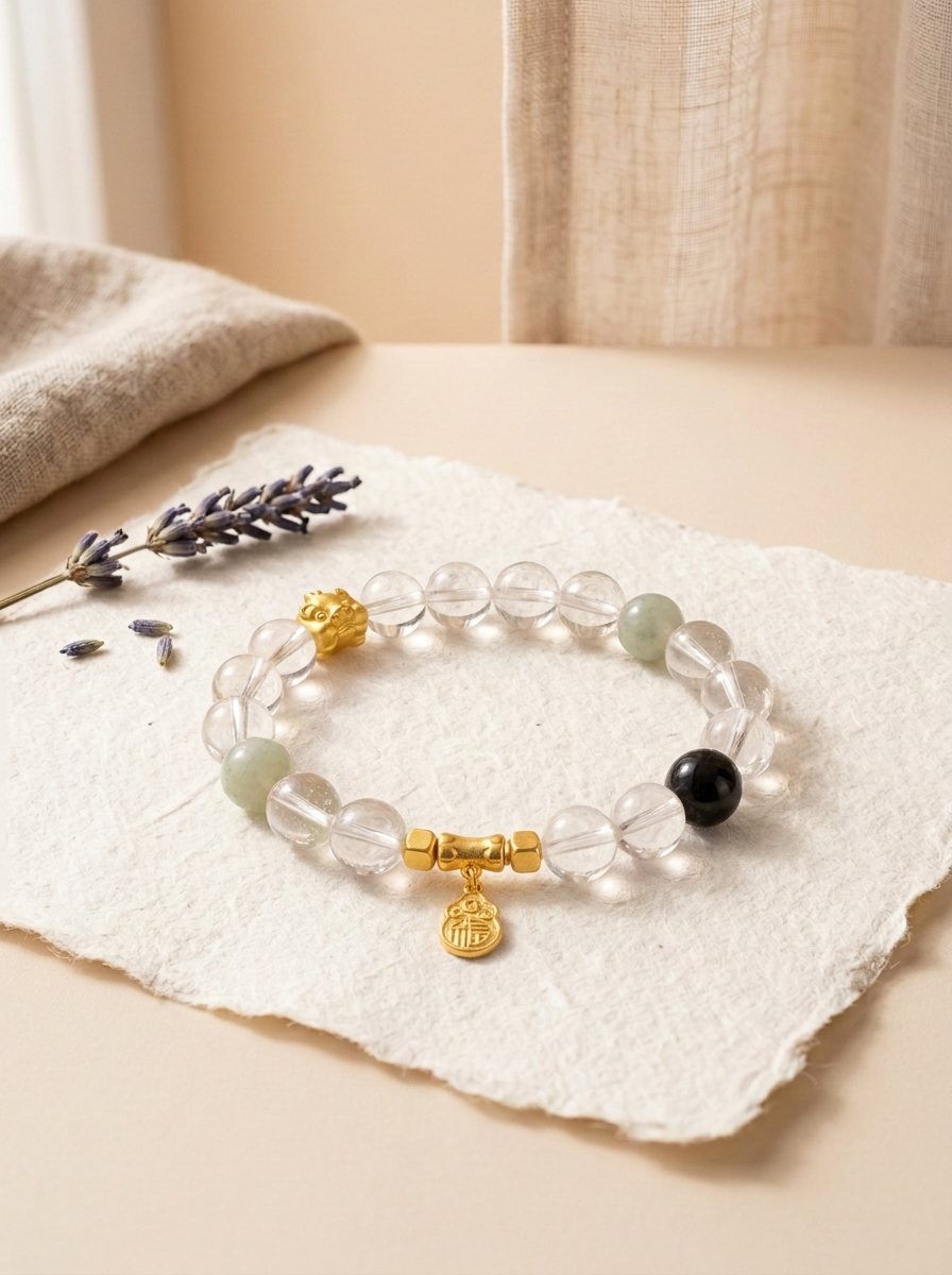 Zodiac Rooster Golden Feather Bracelet with Clear Quartz, Silver Obsidian & Green Crystal