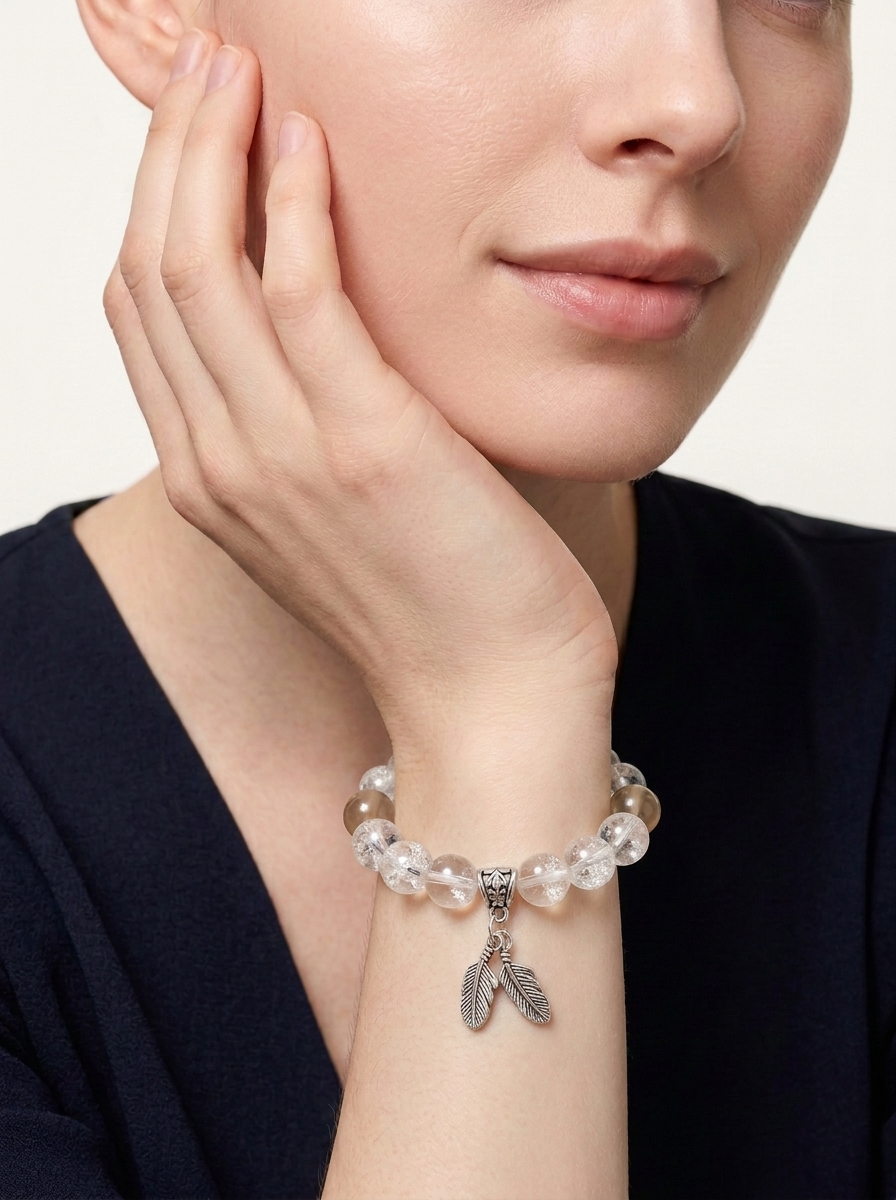 Zodiac Rooster Frost Feather Bracelet with White Feather Quartz & Moonstone