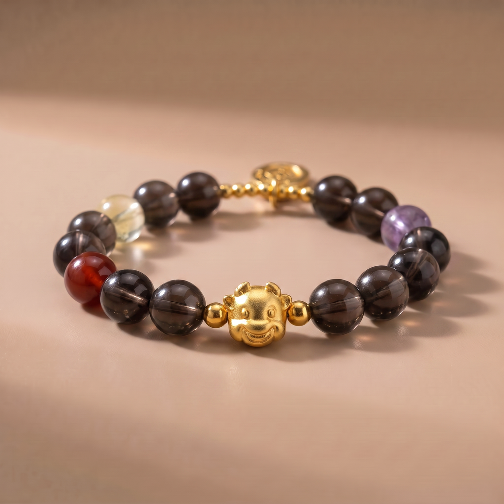 Zodiac Ox Grounding Bracelet with Smoky Quartz, Amethyst, Garnet & Lemon Quartz