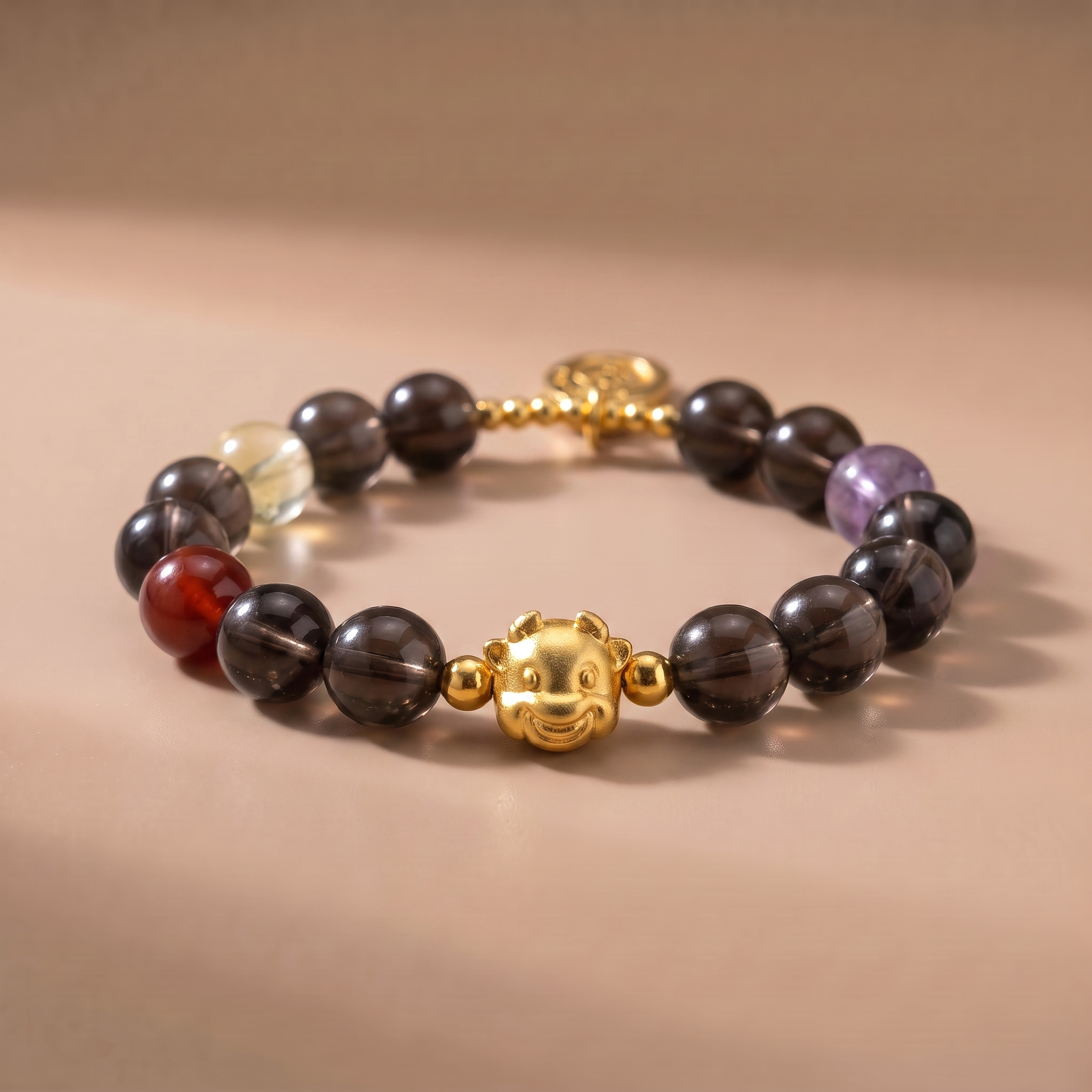 Zodiac Ox Grounding Bracelet with Smoky Quartz, Amethyst, Garnet & Lemon Quartz