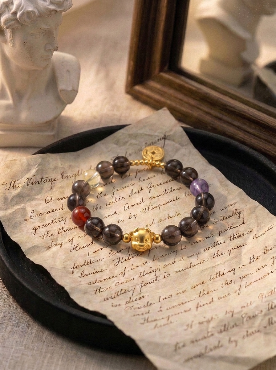 Zodiac Ox Grounding Bracelet with Smoky Quartz, Amethyst, Garnet & Lemon Quartz