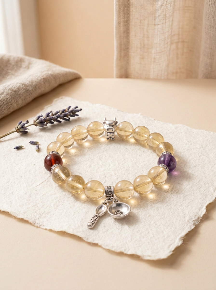 Zodiac Ox Golden Harvest Bracelet with Lemon Quartz, Garnet & Amethyst