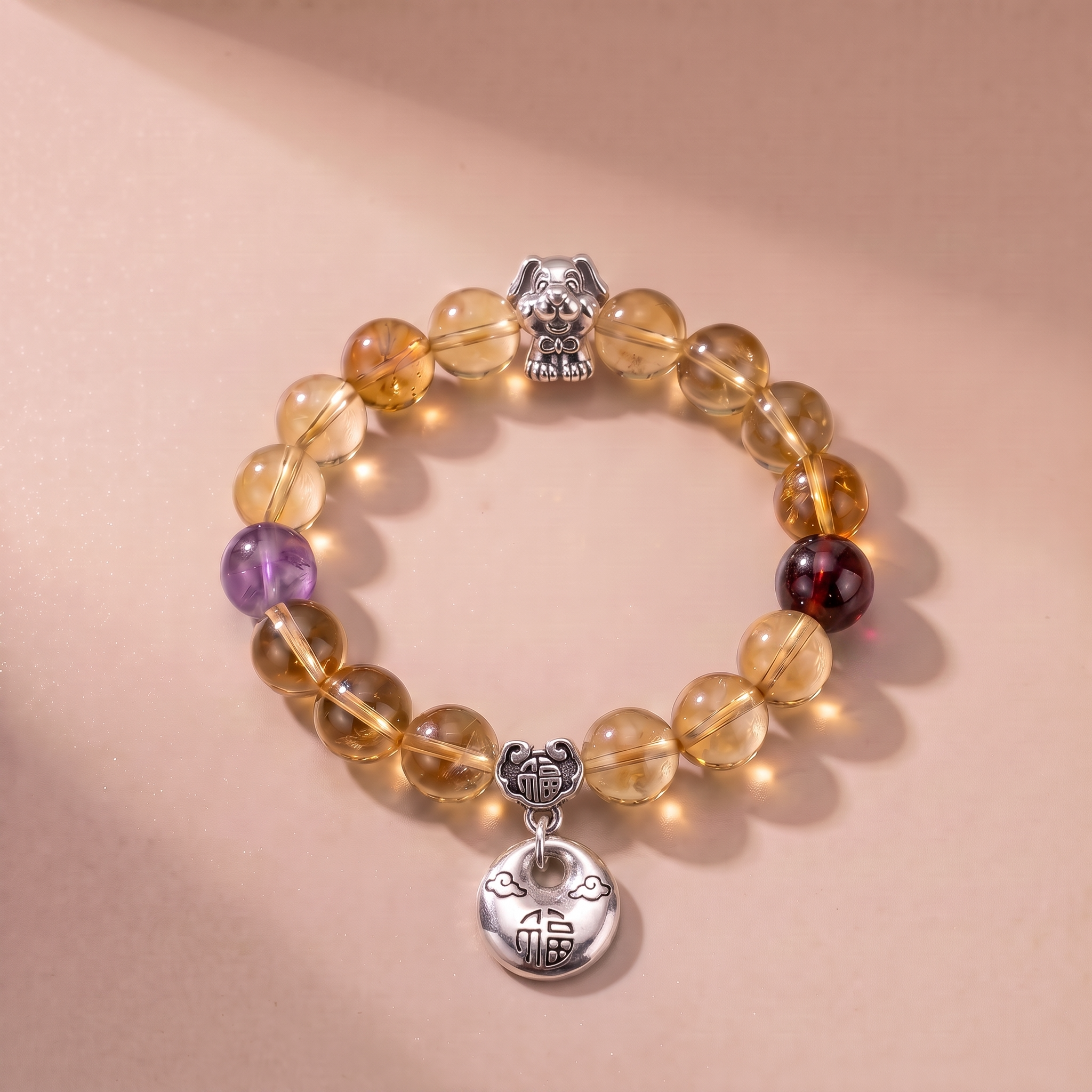 Zodiac Dog Star Wish Bracelet with Yellow Tower Crystal, Amethyst & Garnet
