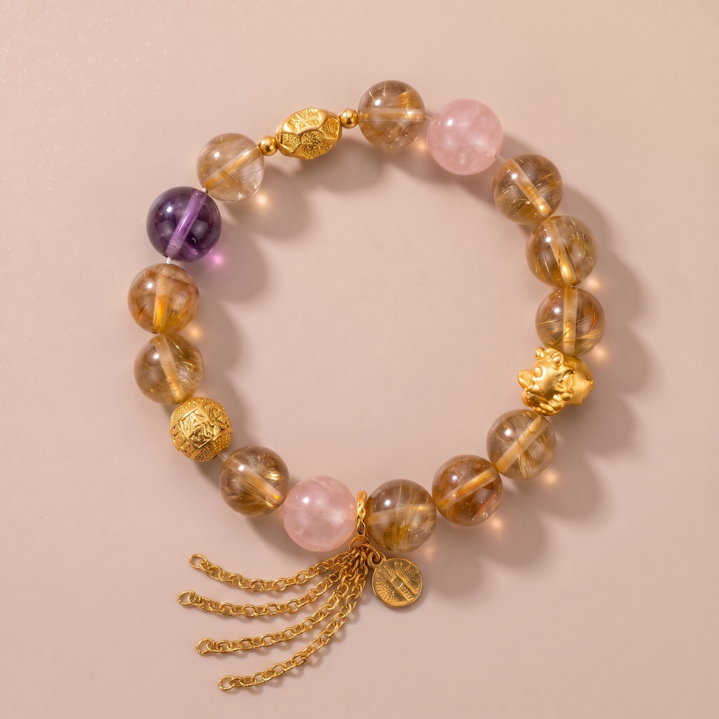 Zodiac Dragon Golden Radiance Bracelet with Yellow Tower Crystal, Amethyst & Rose Quartz