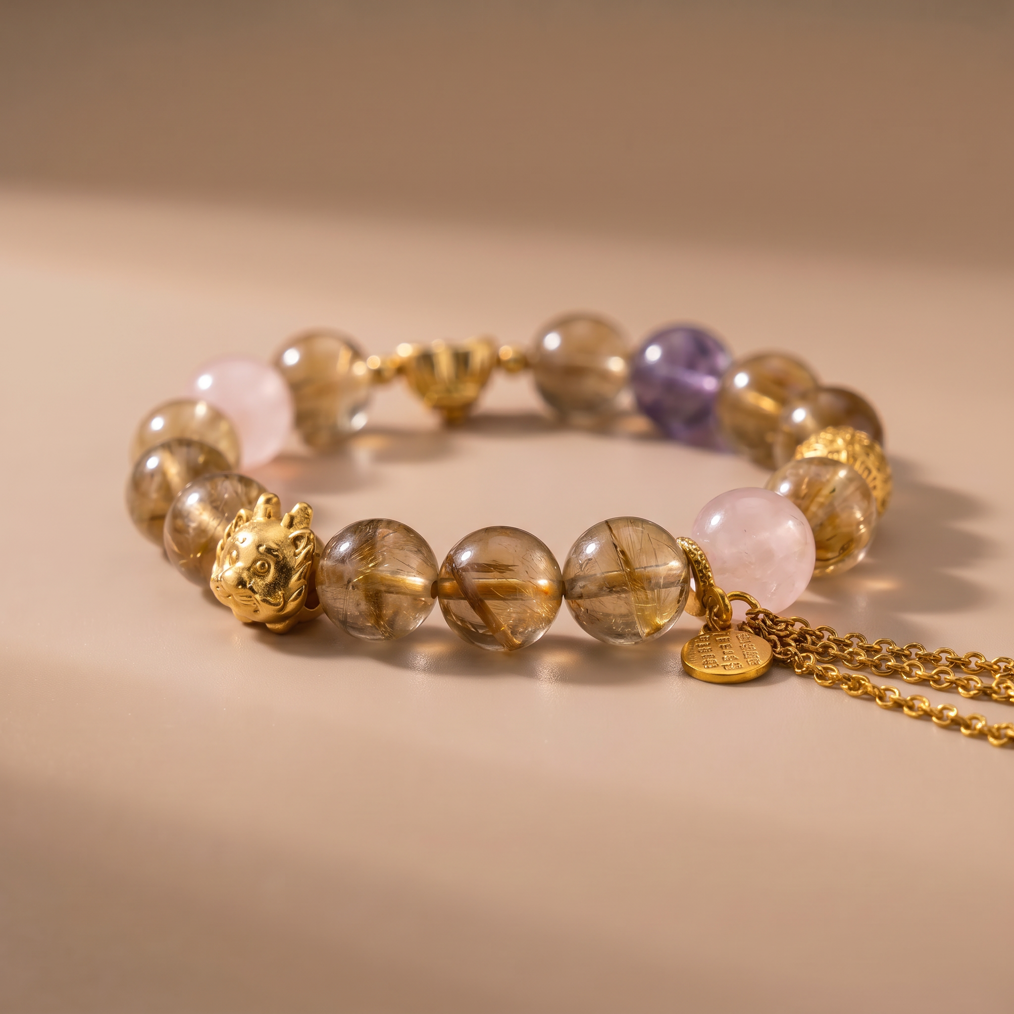 Zodiac Dragon Golden Radiance Bracelet with Yellow Tower Crystal, Amethyst & Rose Quartz