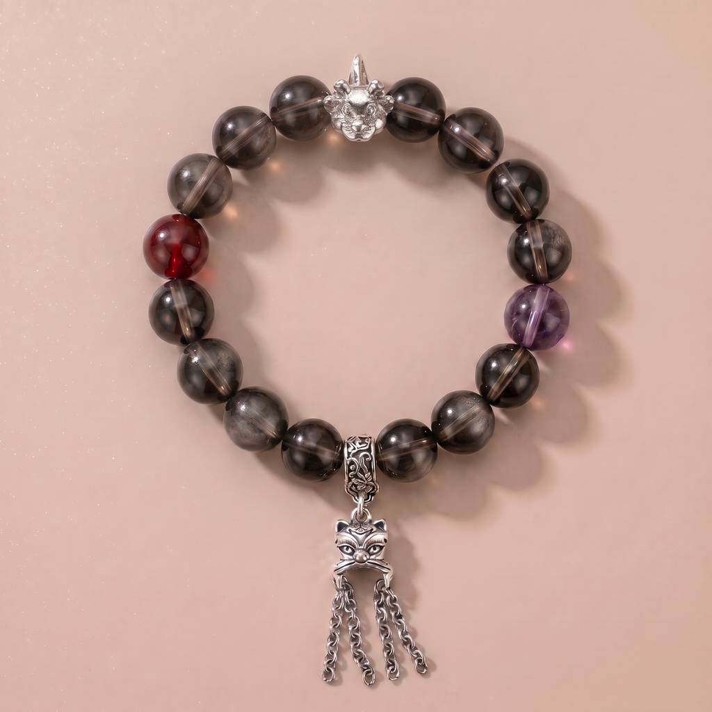 Zodiac Dragon Hidden Mountain Bracelet with Deep Smoky Quartz, Garnet & Amethyst