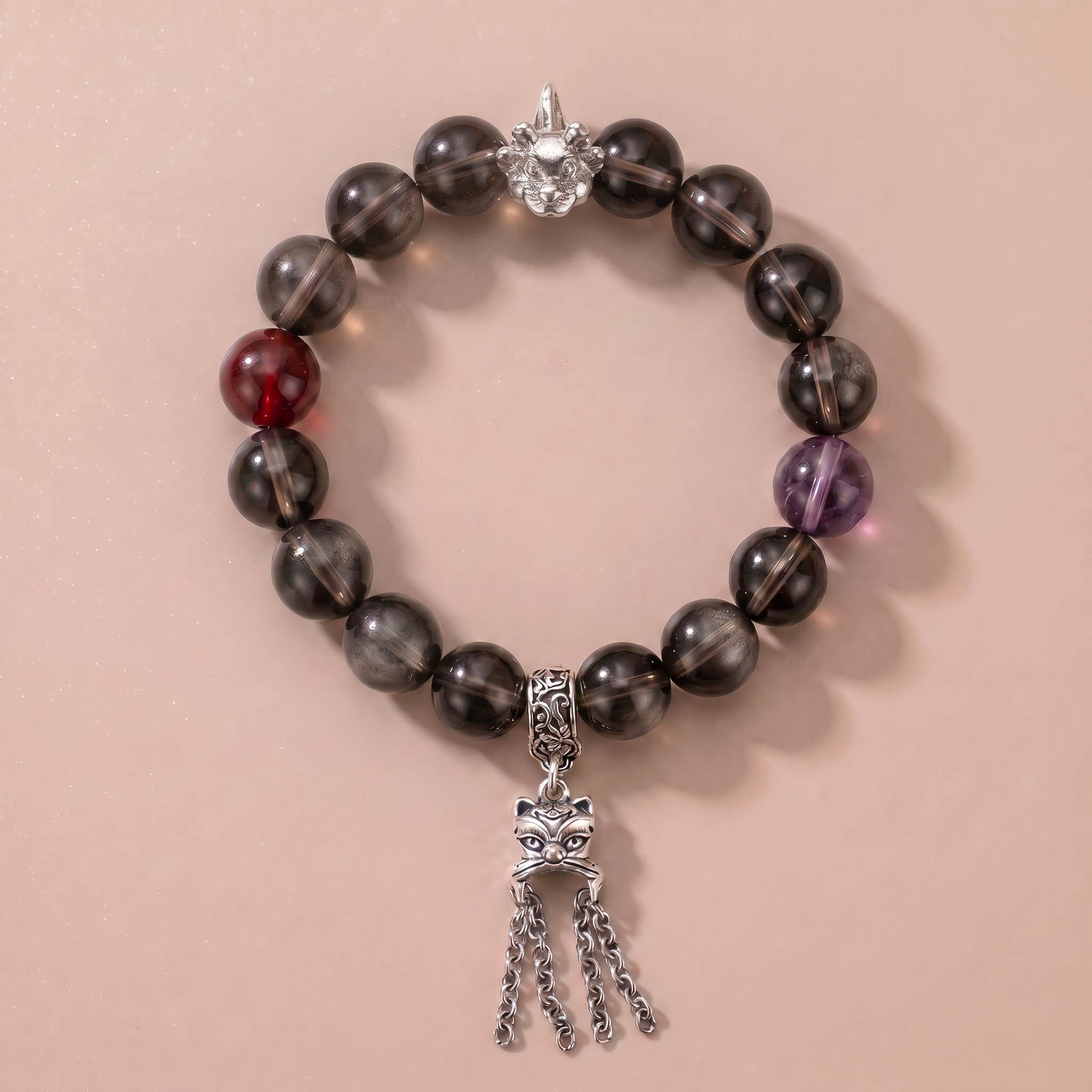 Zodiac Dragon Hidden Mountain Bracelet with Deep Smoky Quartz, Garnet & Amethyst