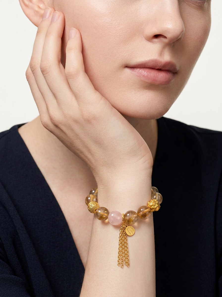 Zodiac Dragon Golden Radiance Bracelet with Yellow Tower Crystal, Amethyst & Rose Quartz