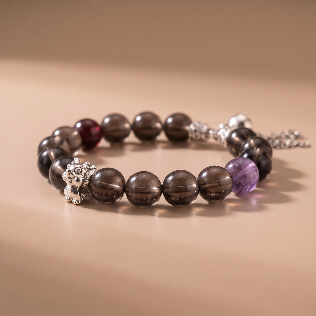 Zodiac Dragon Hidden Mountain Bracelet with Deep Smoky Quartz, Garnet & Amethyst
