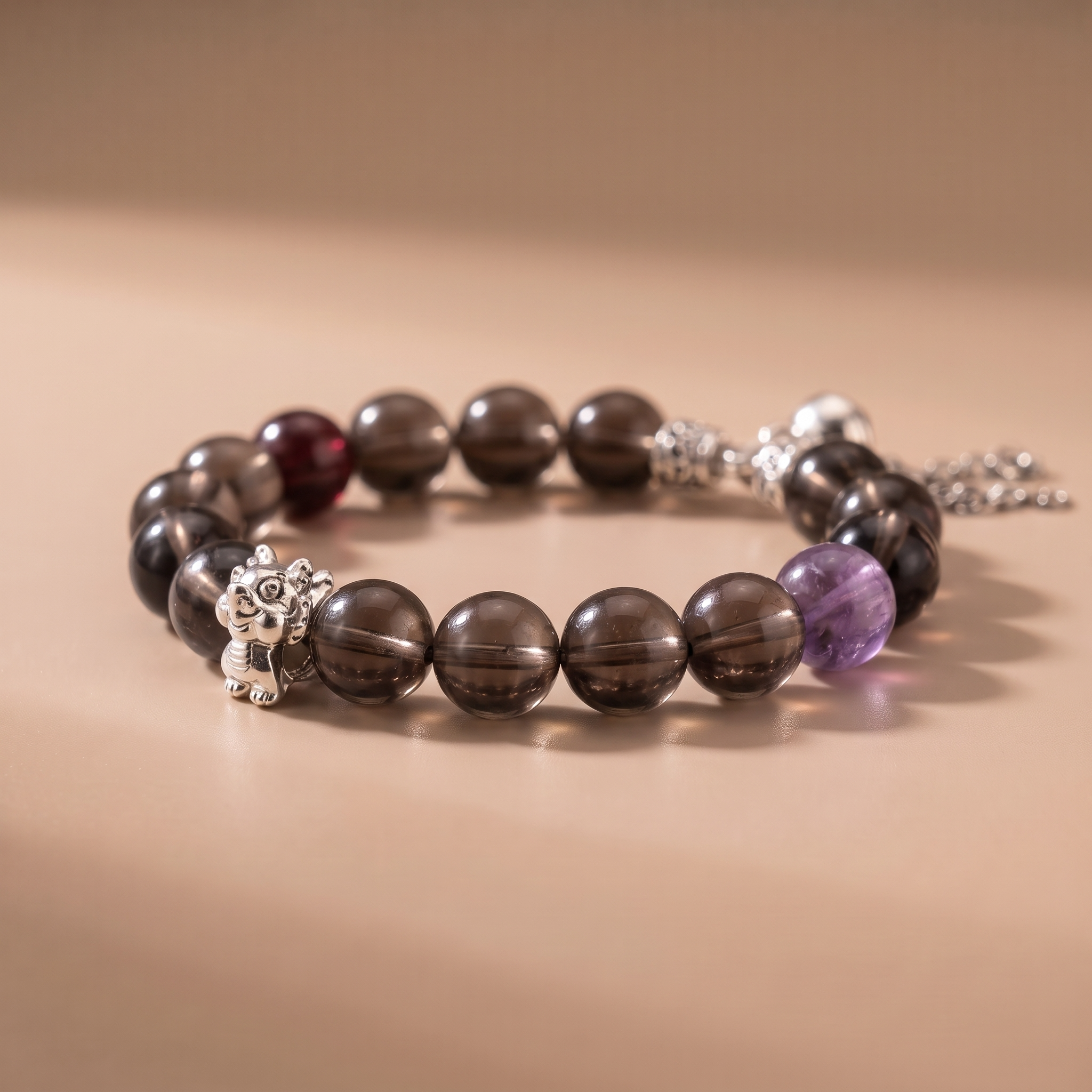 Zodiac Dragon Hidden Mountain Bracelet with Deep Smoky Quartz, Garnet & Amethyst