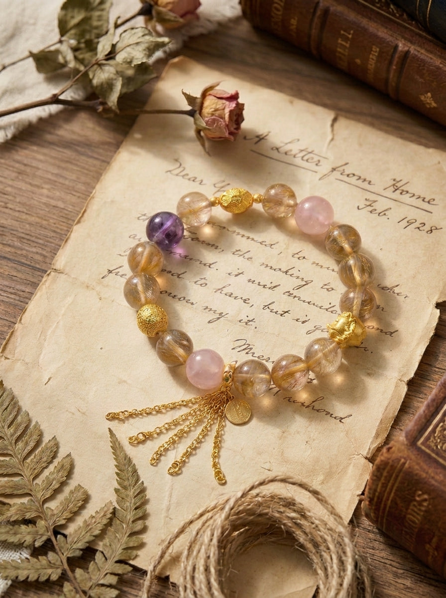 Zodiac Dragon Golden Radiance Bracelet with Yellow Tower Crystal, Amethyst & Rose Quartz