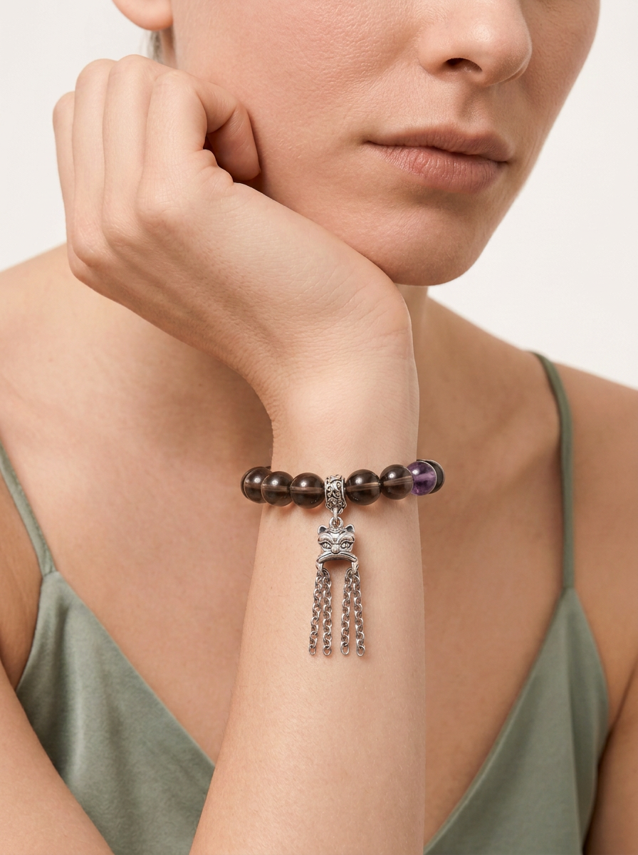 Zodiac Dragon Hidden Mountain Bracelet with Deep Smoky Quartz, Garnet & Amethyst