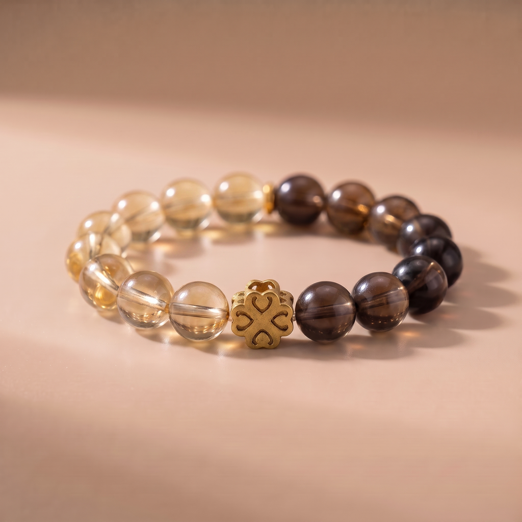 Earth Lotus Step Crystal Bracelet with Smoky Quartz, Yellow Tower Crystal & Lemon Quartz