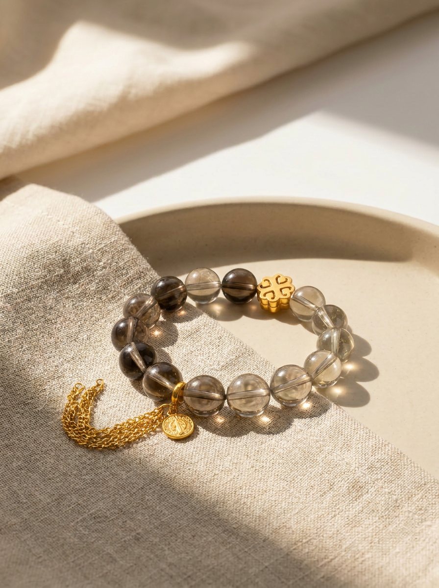 Earth Lotus Step Crystal Bracelet with Smoky Quartz, Yellow Tower Crystal & Lemon Quartz