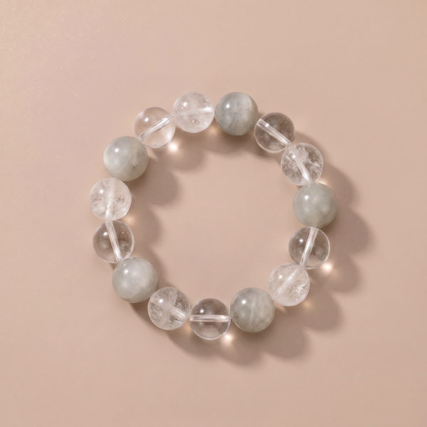 Metal Hidden Edge Crystal Bracelet with Moonstone, Clear Quartz & White Phantom Quartz