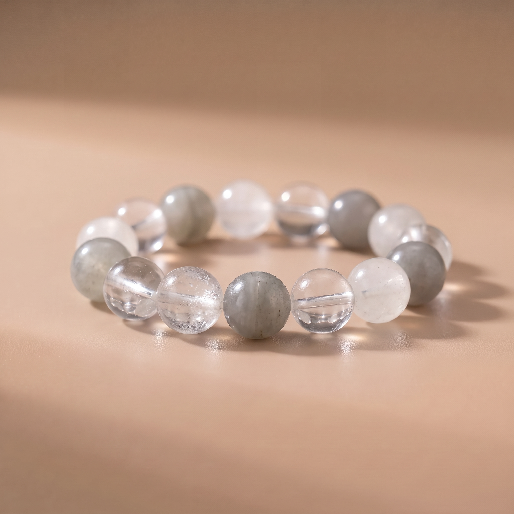 Metal Hidden Edge Crystal Bracelet with Moonstone, Clear Quartz & White Phantom Quartz