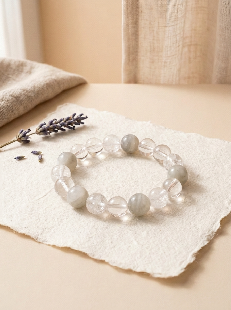Metal Hidden Edge Crystal Bracelet with Moonstone, Clear Quartz & White Phantom Quartz