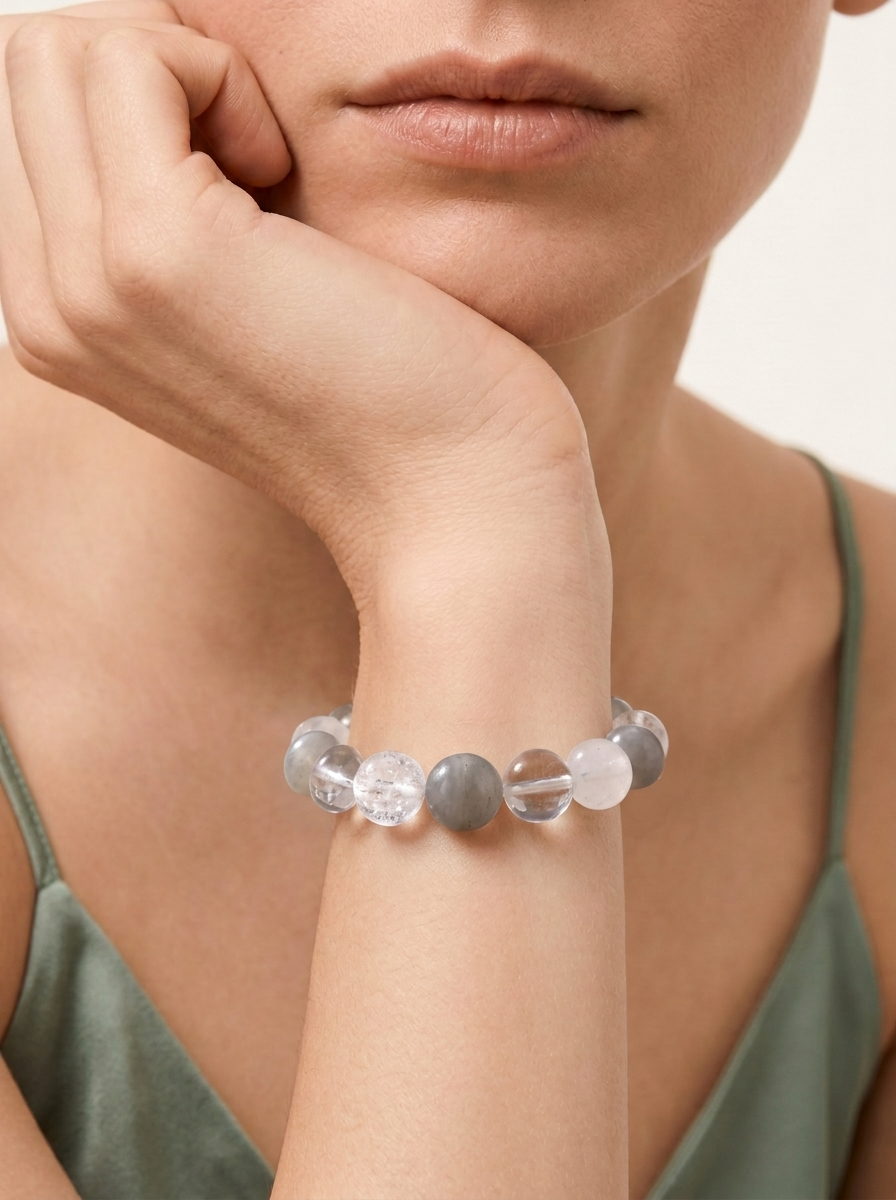Metal Hidden Edge Crystal Bracelet with Moonstone, Clear Quartz & White Phantom Quartz