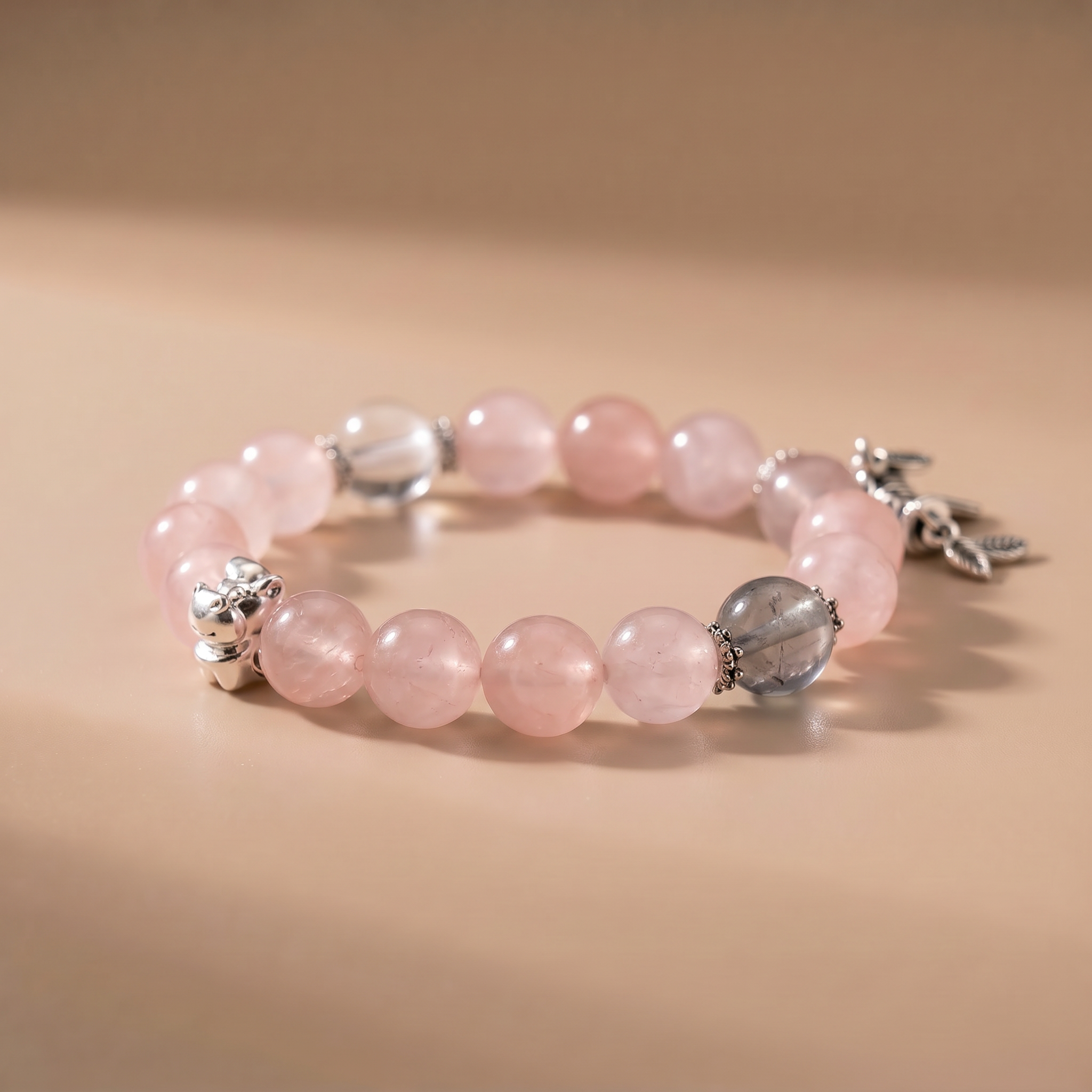 Zodiac Horse Peach Cloud Bracelet with Rose Quartz, Clear Quartz & Green Crystal