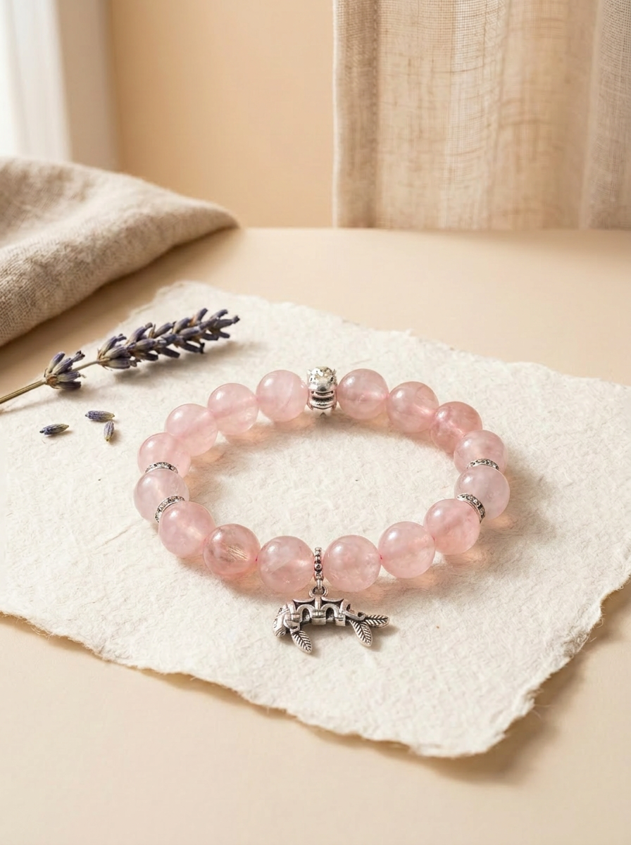 Zodiac Horse Peach Cloud Bracelet with Rose Quartz, Clear Quartz & Green Crystal