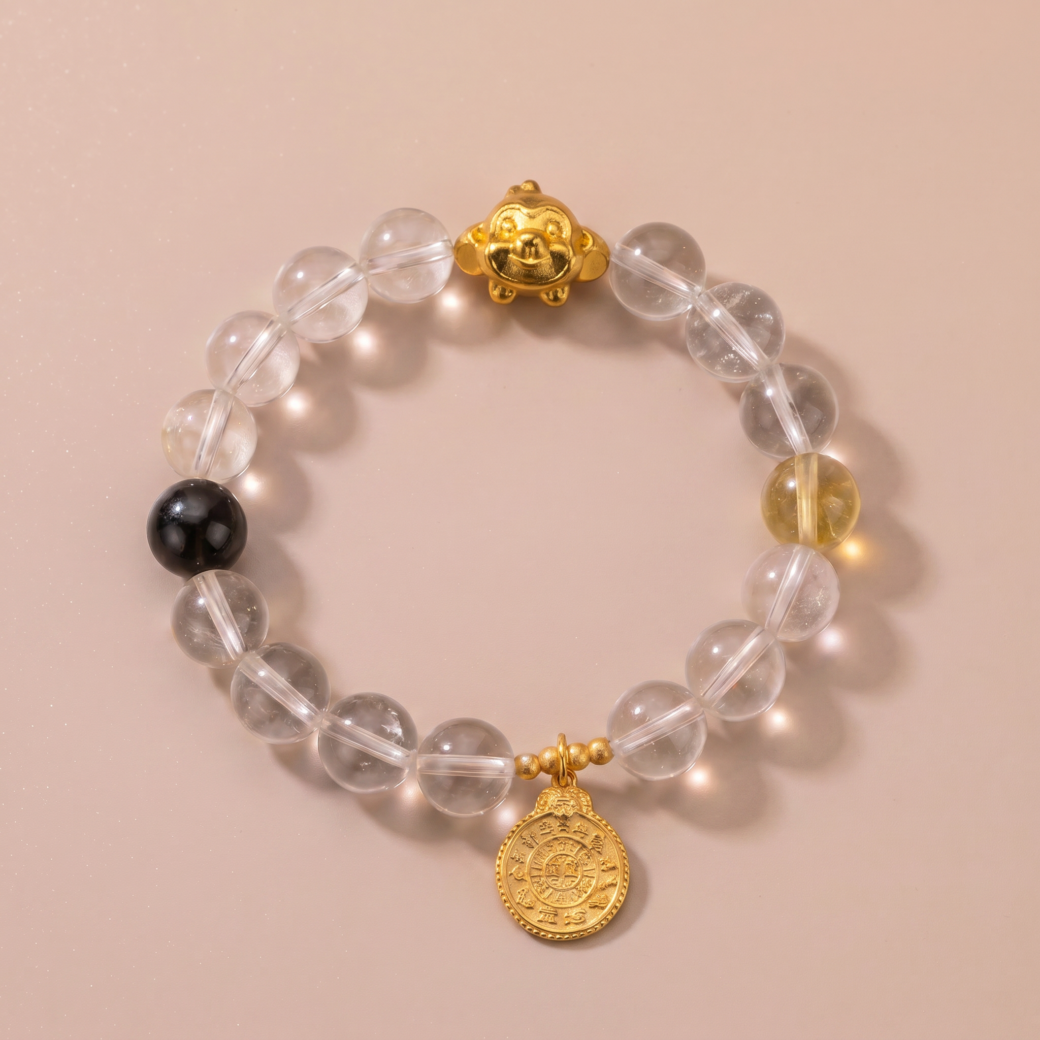 Zodiac Monkey Golden Wisdom Bracelet with Clear Quartz, Silver Obsidian & Lemon Quartz