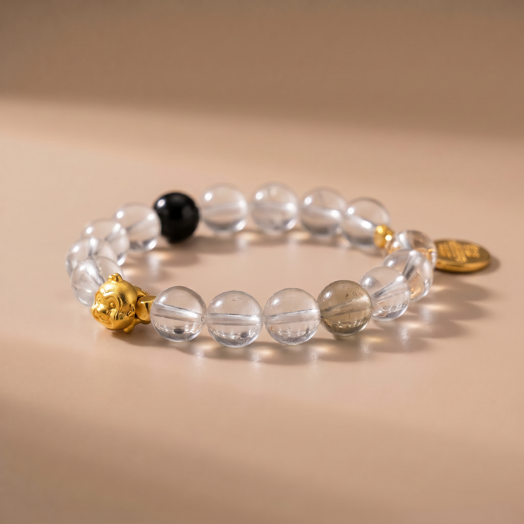 Zodiac Monkey Golden Wisdom Bracelet with Clear Quartz, Silver Obsidian & Lemon Quartz