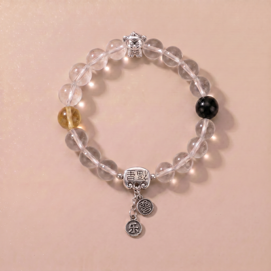 Zodiac Monkey Clear Breeze Bracelet with Clear Quartz, Lemon Quartz & Silver Obsidian