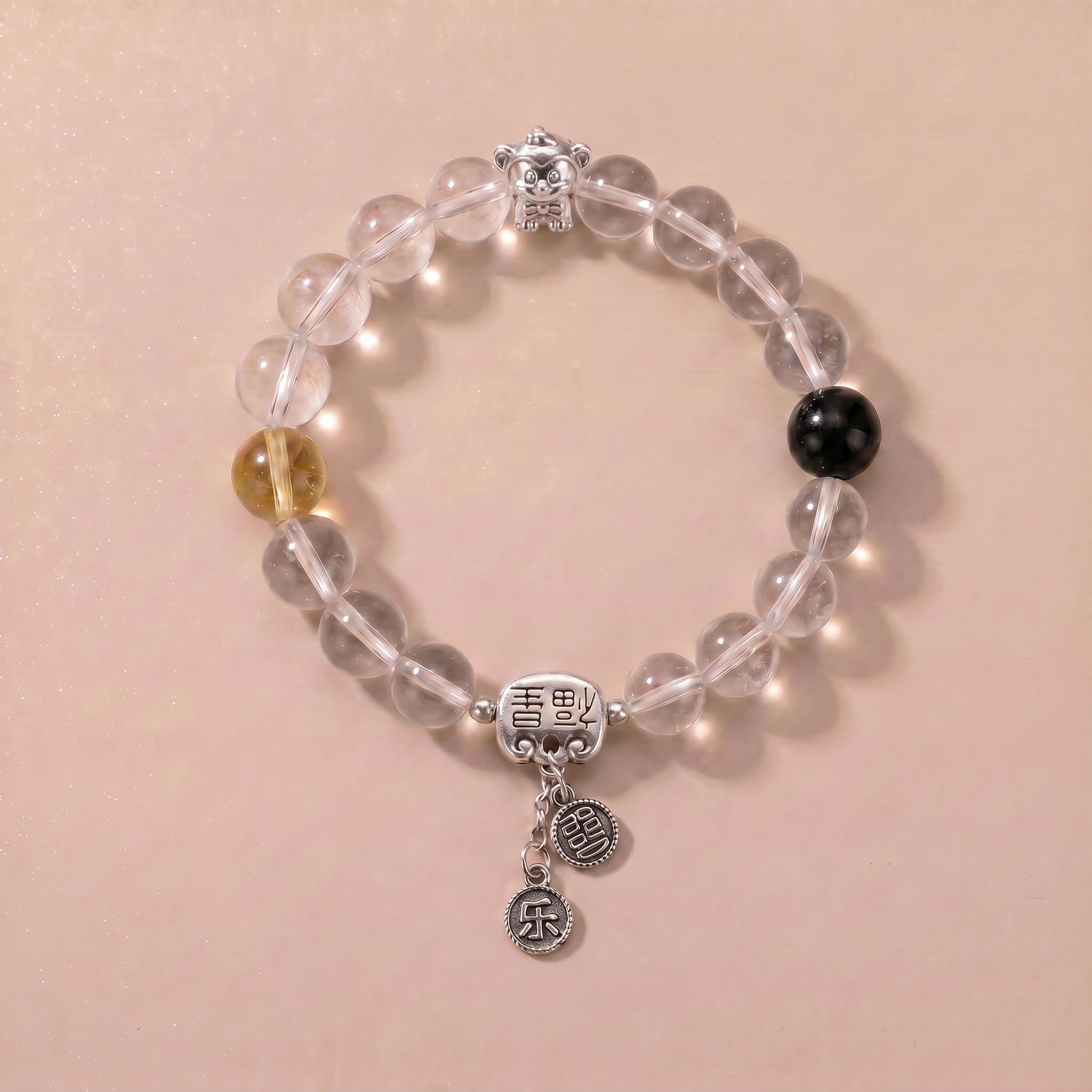 Zodiac Monkey Clear Breeze Bracelet with Clear Quartz, Lemon Quartz & Silver Obsidian