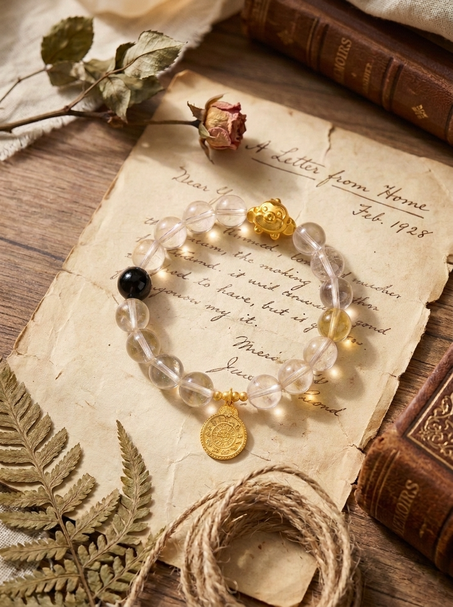 Zodiac Monkey Golden Wisdom Bracelet with Clear Quartz, Silver Obsidian & Lemon Quartz