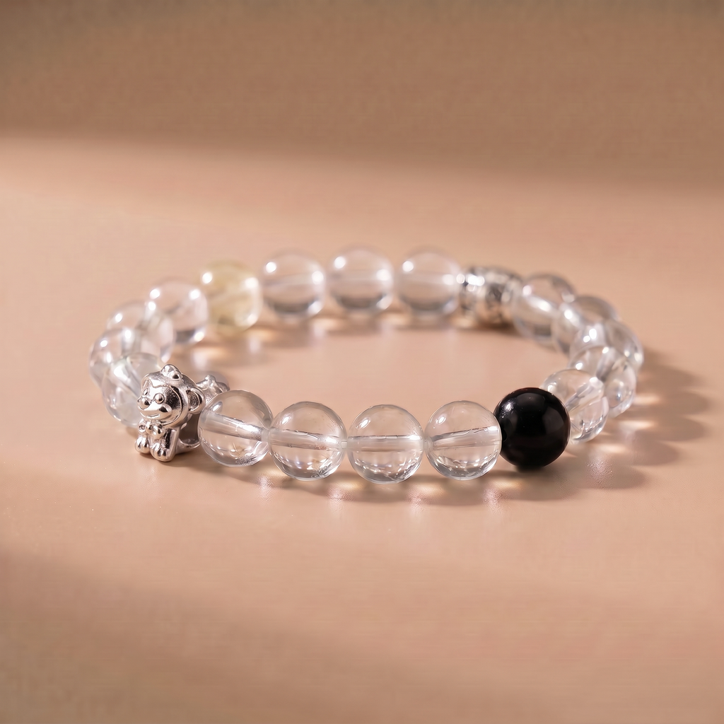 Zodiac Monkey Clear Breeze Bracelet with Clear Quartz, Lemon Quartz & Silver Obsidian