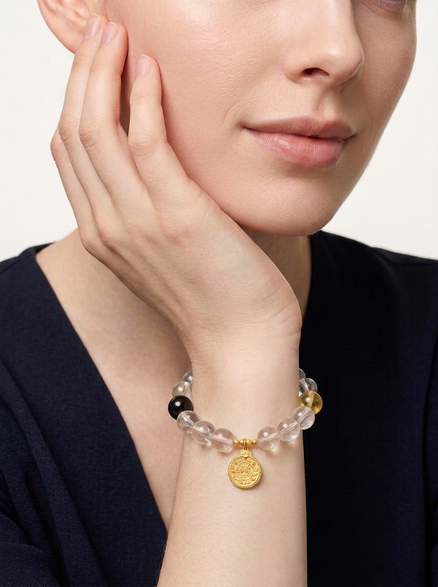 Zodiac Monkey Golden Wisdom Bracelet with Clear Quartz, Silver Obsidian & Lemon Quartz