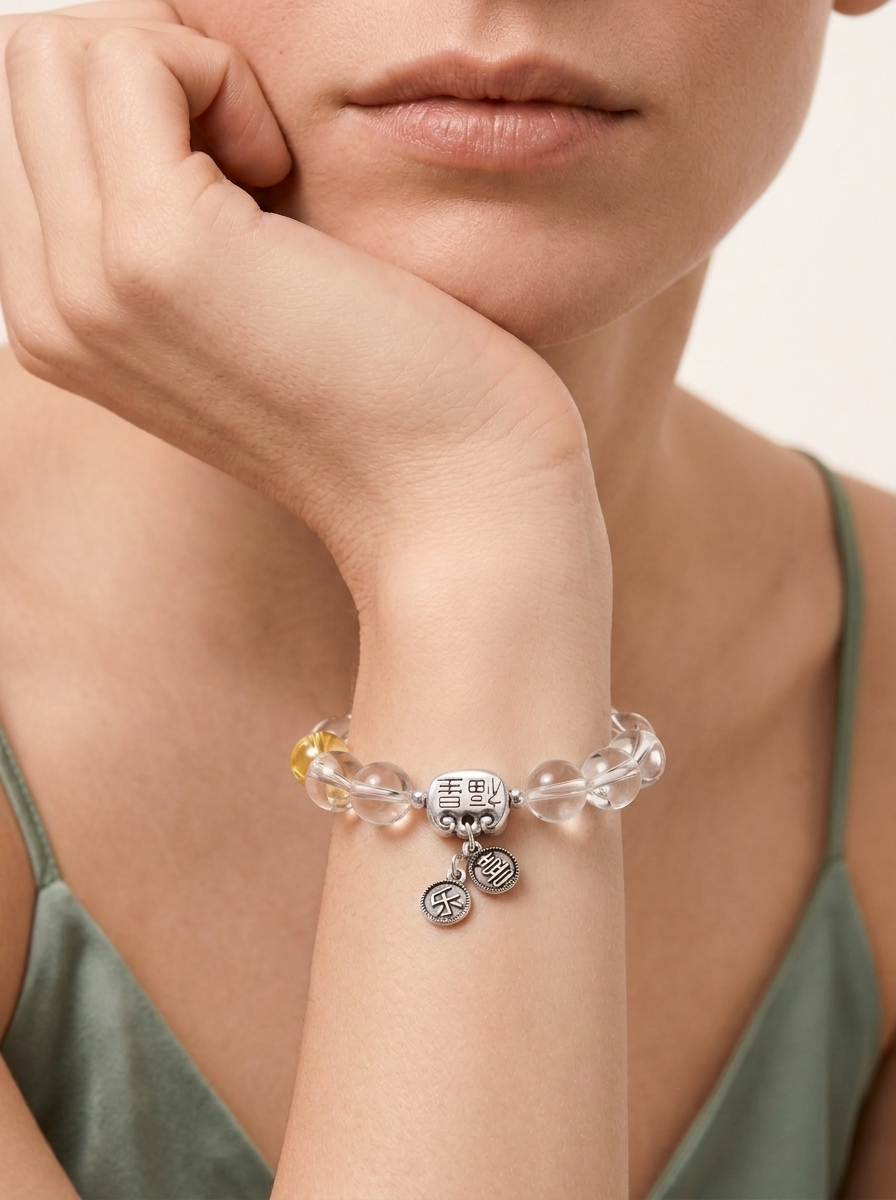 Zodiac Monkey Clear Breeze Bracelet with Clear Quartz, Lemon Quartz & Silver Obsidian