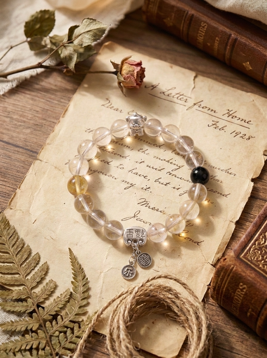 Zodiac Monkey Clear Breeze Bracelet with Clear Quartz, Lemon Quartz & Silver Obsidian