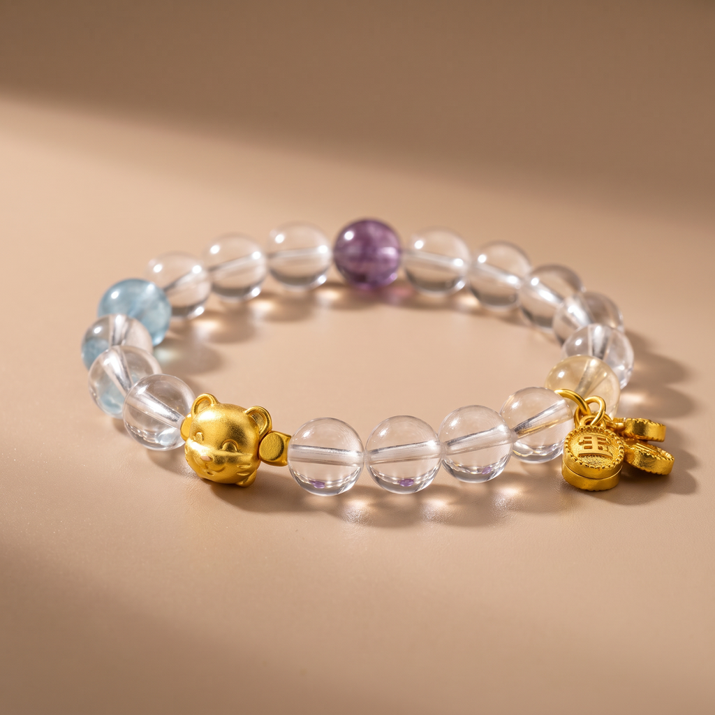 Zodiac Rat Fortune Bracelet with Clear Quartz, Lemon Quartz, Amethyst & Aquamarine