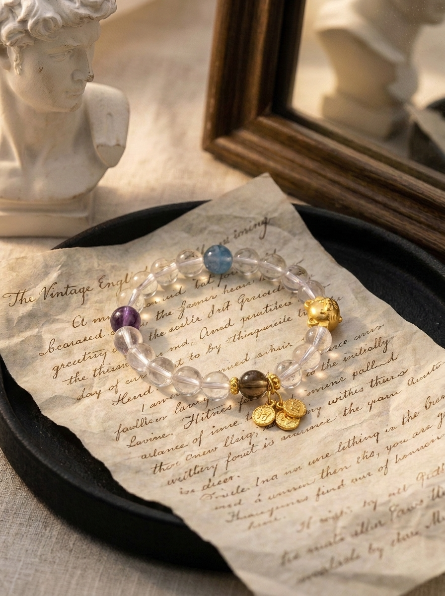 Zodiac Rat Fortune Bracelet with Clear Quartz, Lemon Quartz, Amethyst & Aquamarine
