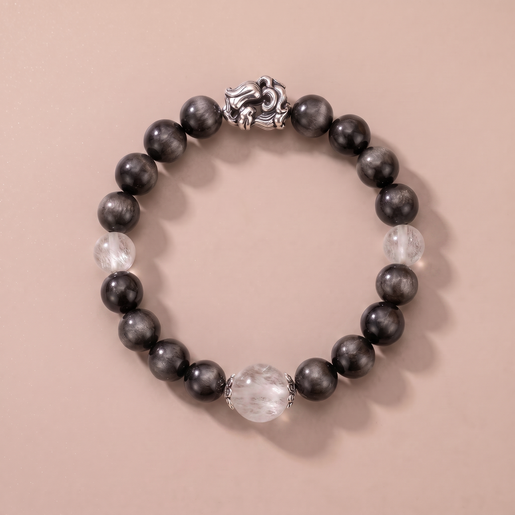 Twin Balance Dark Guard Bracelet with Silver Obsidian & White Phantom Quartz