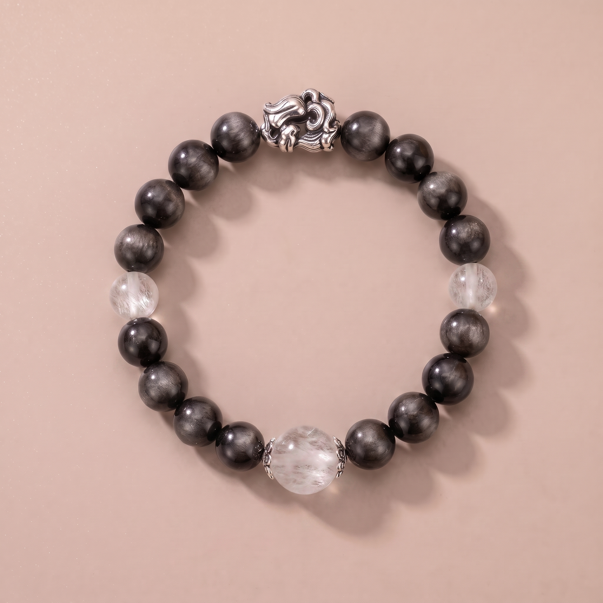 Twin Balance Dark Guard Bracelet with Silver Obsidian & White Phantom Quartz