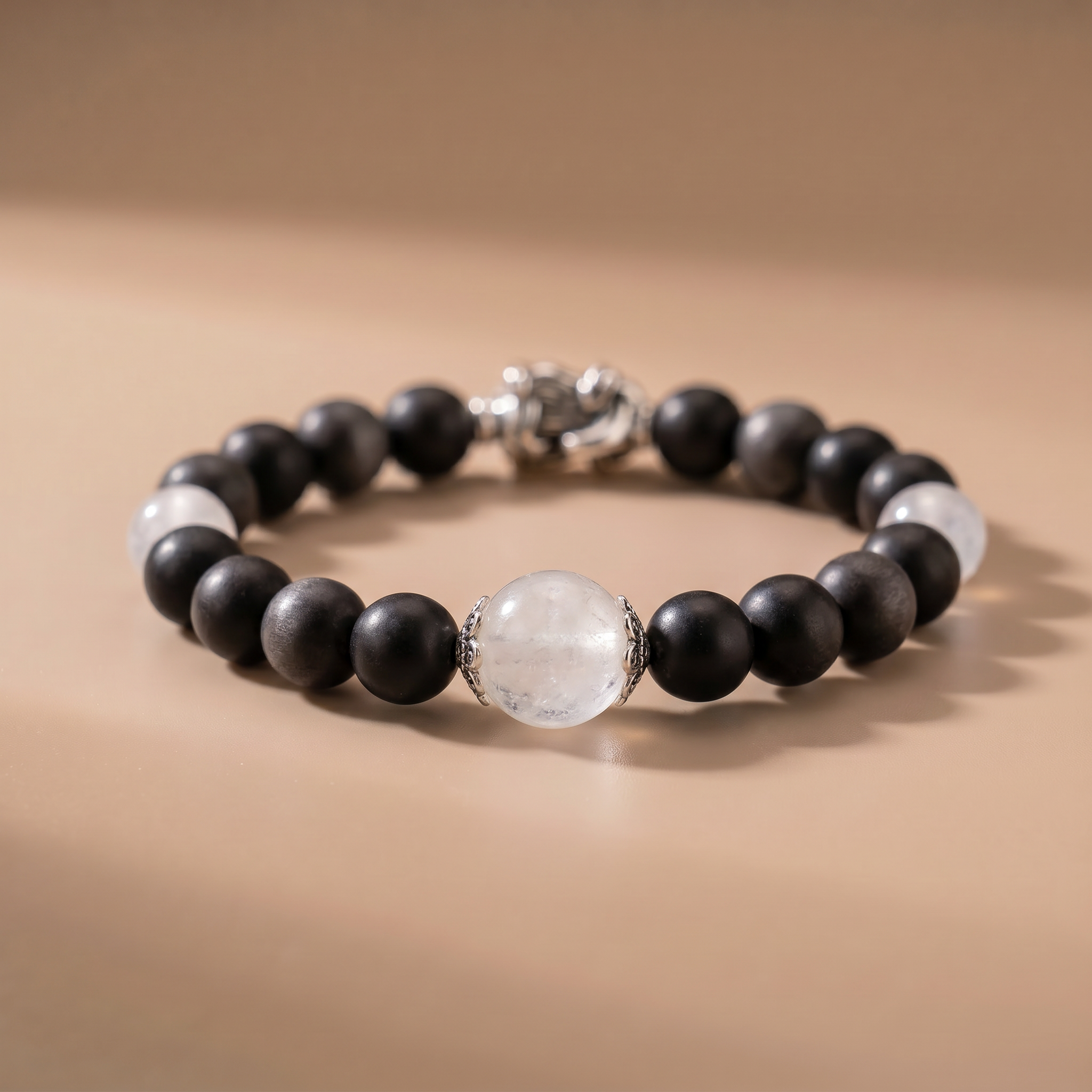 Twin Balance Dark Guard Bracelet with Silver Obsidian & White Phantom Quartz
