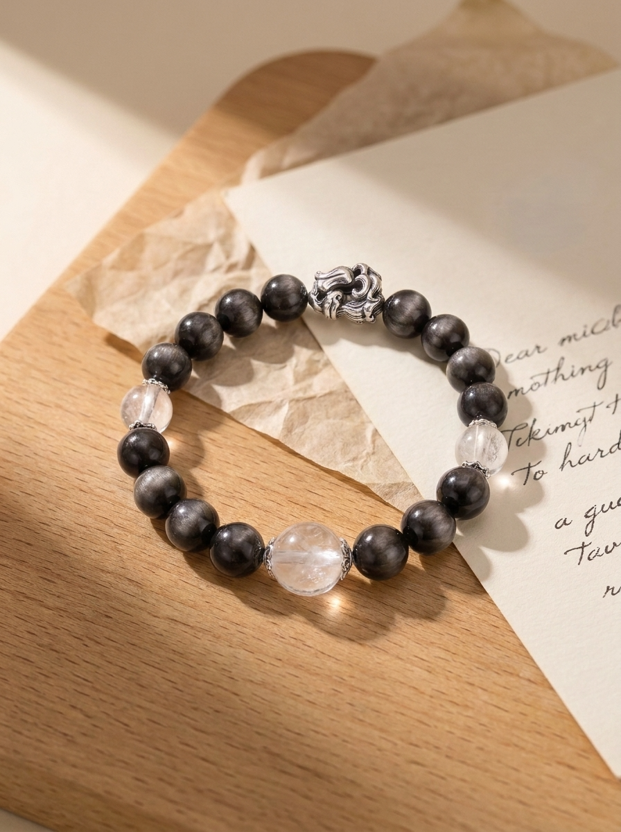 Twin Balance Dark Guard Bracelet with Silver Obsidian & White Phantom Quartz