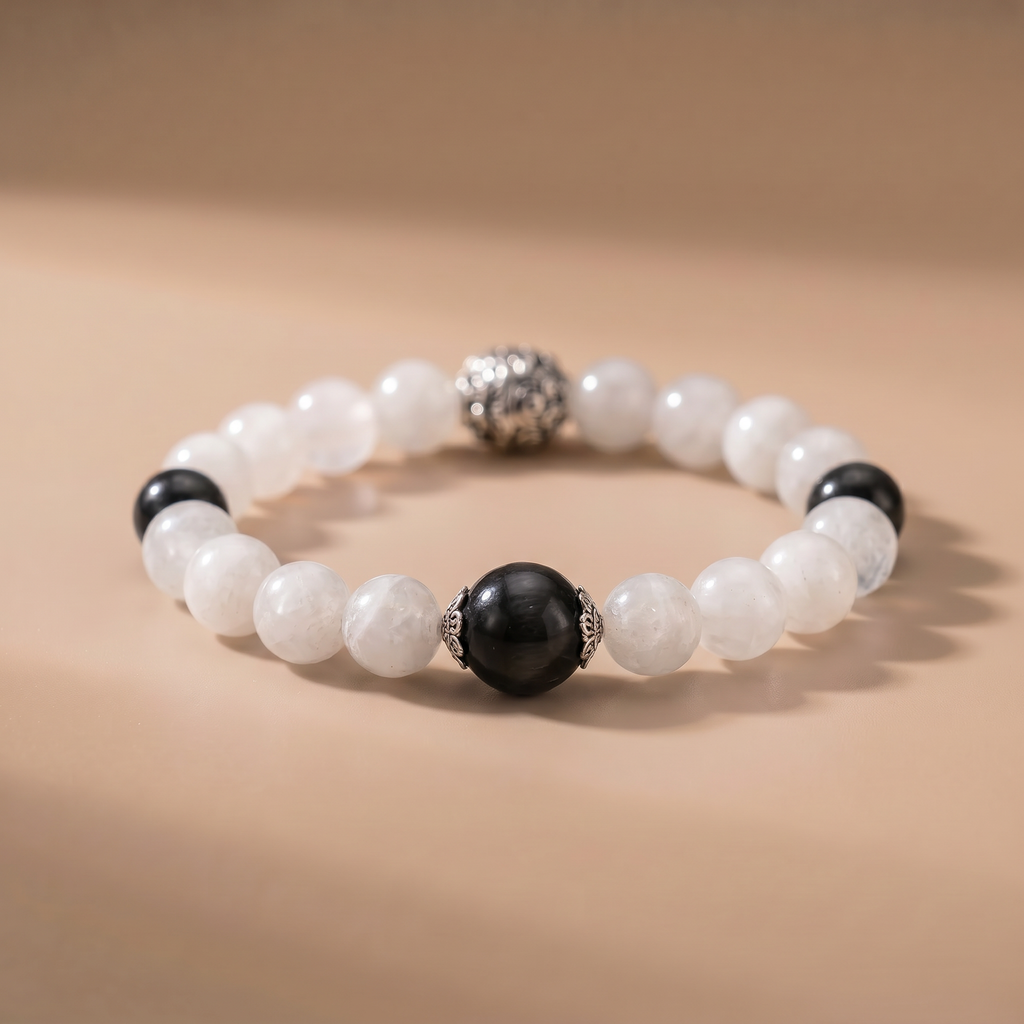 Twin Balance Jade Calm Bracelet with White Phantom Quartz & Silver Obsidian