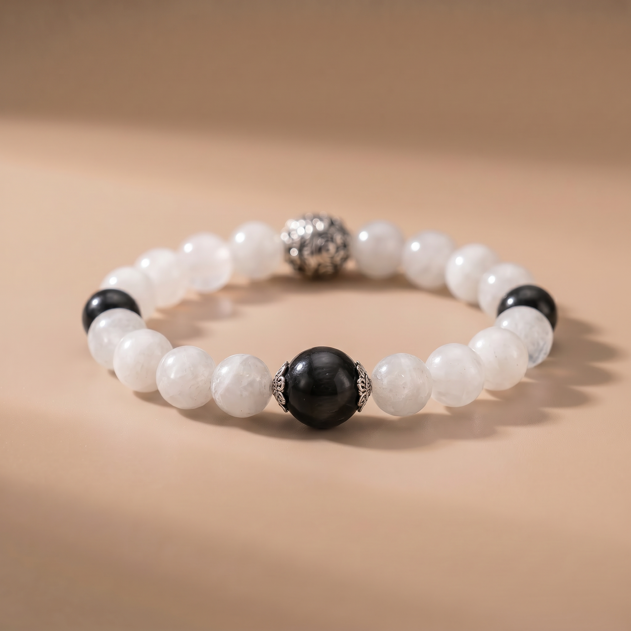 Twin Balance Jade Calm Bracelet with White Phantom Quartz & Silver Obsidian