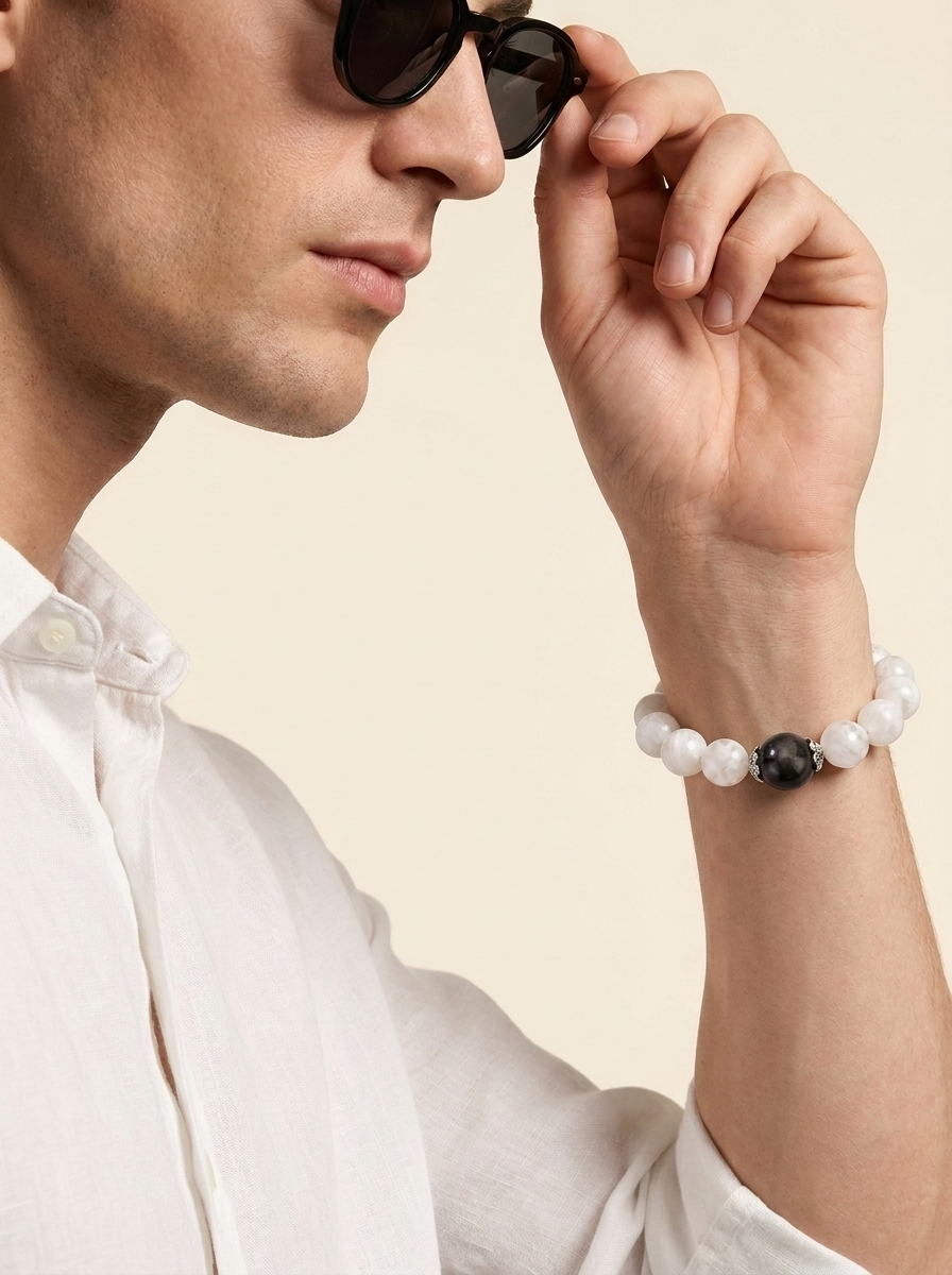 Twin Balance Jade Calm Bracelet with White Phantom Quartz & Silver Obsidian