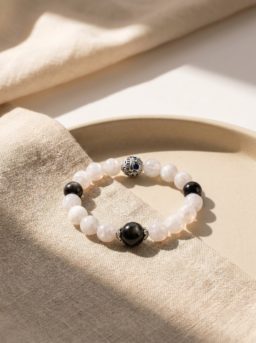 Twin Balance Jade Calm Bracelet with White Phantom Quartz & Silver Obsidian